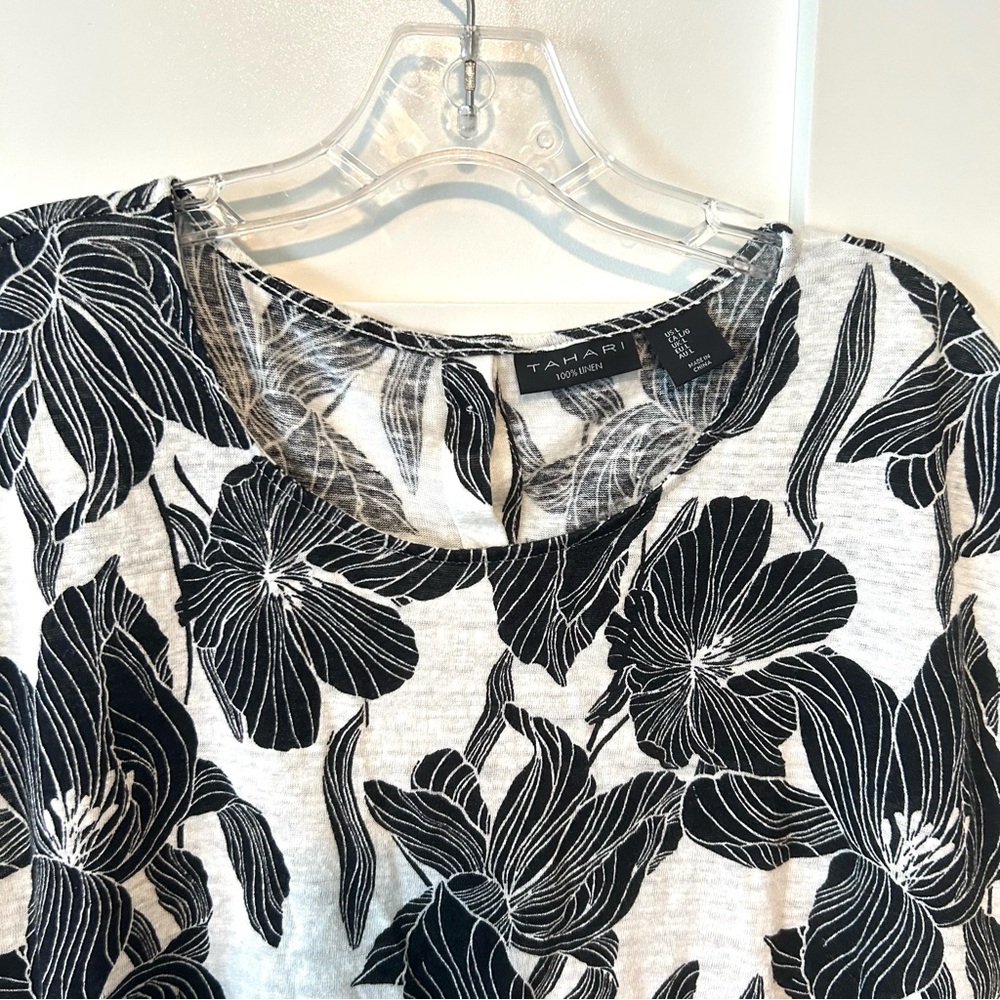 Tahari Women's Black and White Floral 100% Linen Tee in‎ Size L - Picture 3 of 9